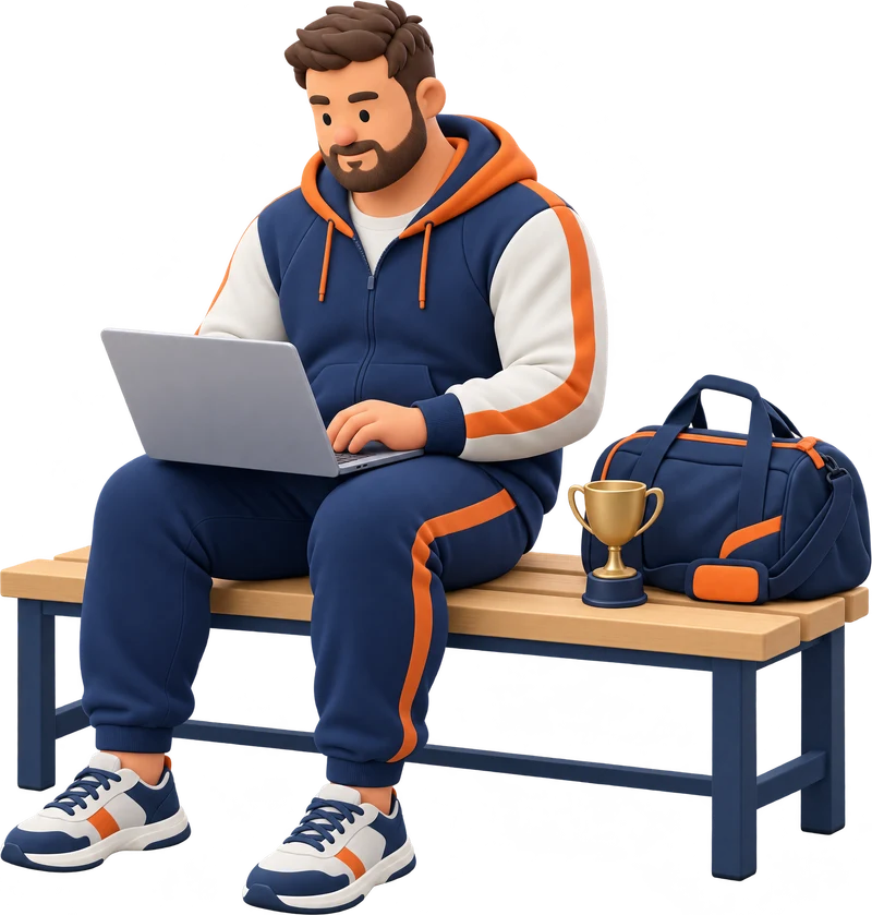 Illustration: an athlete in a tracksuit working on a laptop on a changing-room bench, with a sports bag and a small trophy beside him.