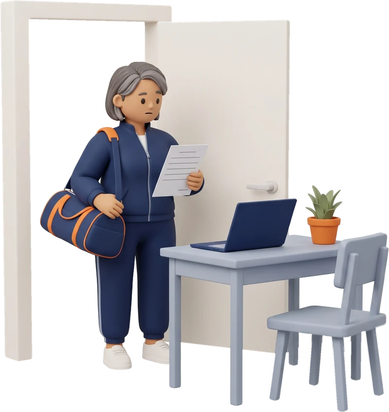 Illustration: an athlete with a sports bag over her shoulder reading a form by an open door, next to a desk with a laptop.
