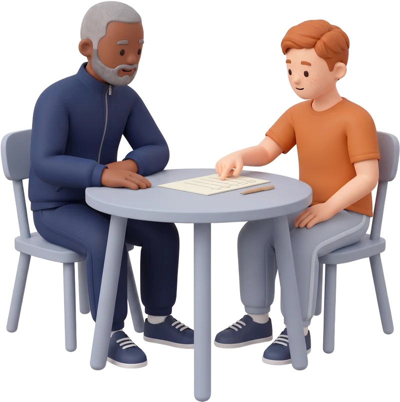 Illustration: an athlete talking a coach through a printed questionnaire at a table.