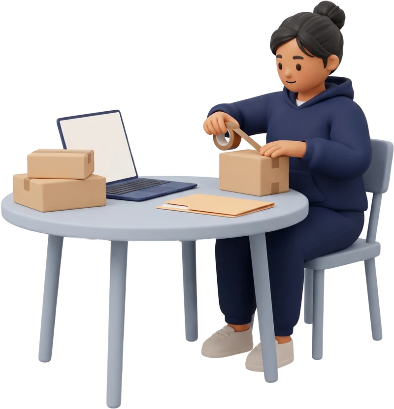 Illustration: an athlete at a kitchen table taping up parcels, with a laptop and a closed folder beside her.