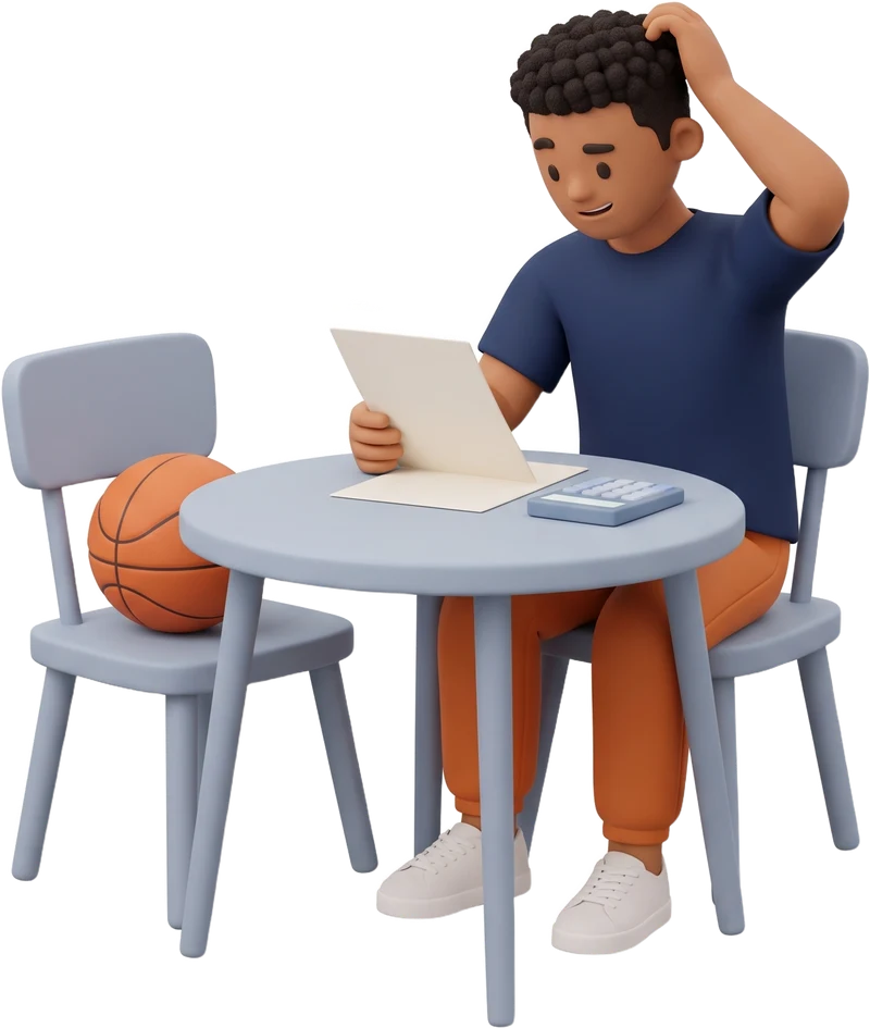 Illustration: an athlete at a table studying a form, with a calculator beside it and a basketball resting on the chair next to him.