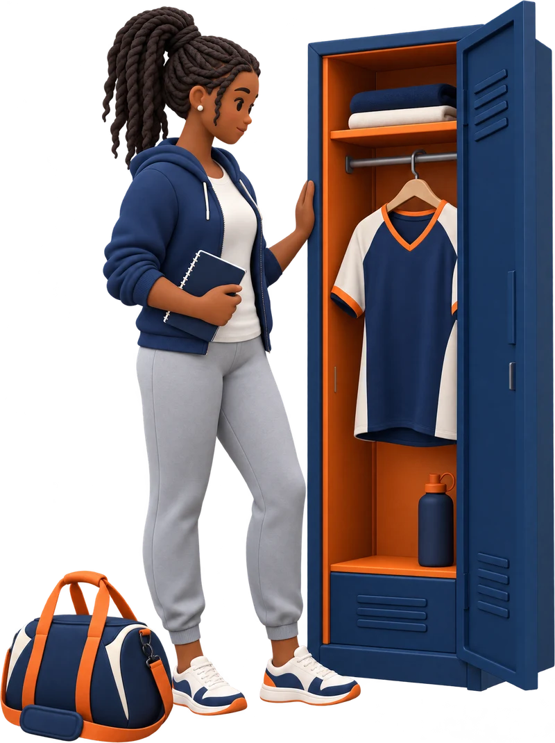 Illustration: a young woman looking thoughtfully at a team jersey hanging in an open locker, with a sports bag at her feet.