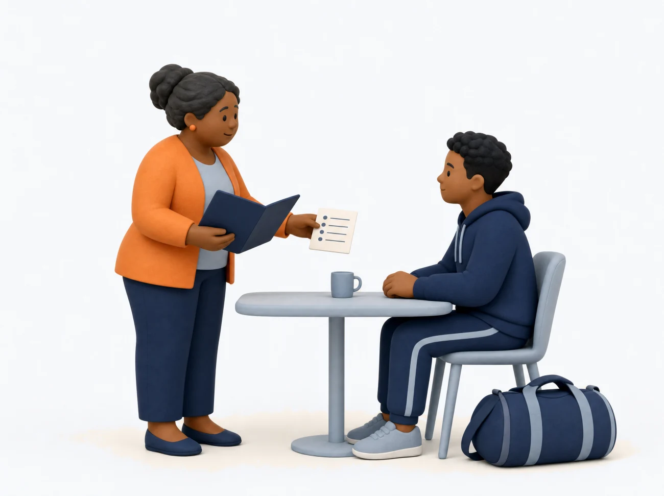 One person handing a folder and a checklist to an athlete sitting at a table